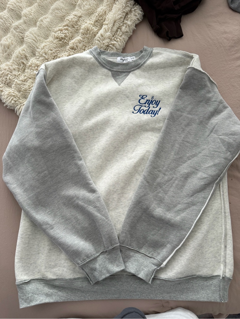 Two-Tone Light Gray Crewneck Sweatshirt with "Enjoy Today!"